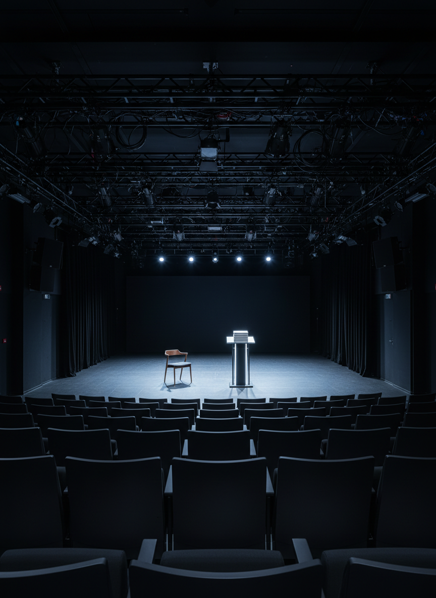 An empty, modern black-box theater captured from the back row, rows of clean dark seats leading toward a minimalist stage set with a single illuminated podium, a stack of scripts, and a simple chair. Overhead, grid lighting rigs, cables, and spotlights are visible, all neatly arranged, suggesting technical precision. The stage is washed in cool, even rehearsal lighting, while the seats fall into a soft, cinematic shadow. Photographic realism, wide-angle lens emphasizing depth and perspective, creating a contemplative, anticipatory mood that speaks to curating and designing live performances for new generations without any performers present.